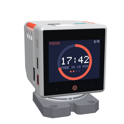 A Stackchan robot running Focus: the time left in a red ring, its LEDs counting down