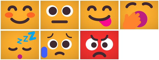 The pet's seven faces on the robot's screen: happy, yum, fine, yawning, asleep, hungry, bored
