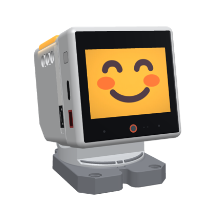 A Stackchan robot running the pet: a happy face, its LEDs warm